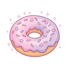 A cute cartoon donut with pink and purple pastel frosting, topped with colorful sprinkles and stars, surrounded by sparkles.