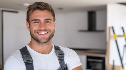 Fototapeta premium Smiling worker portrait of a happy man indoor in a modern kitchen confidently