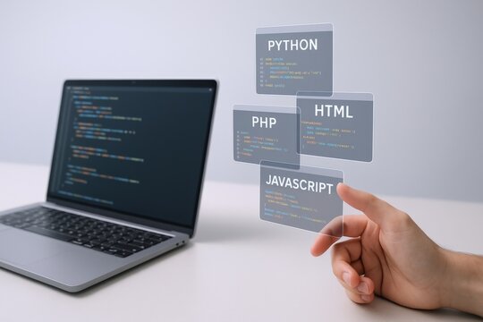 Laptop Displaying Code Languages: Python, HTML, PHP, Javascript for Web Development and Software Engineering