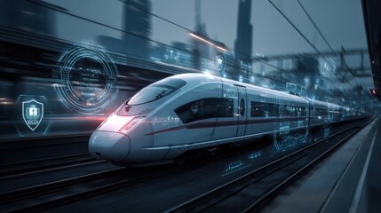 Fototapeta premium Modern High-Speed Train with Digital Technology Overlay, Illustrating Smart Transportation and Advanced Connectivity
