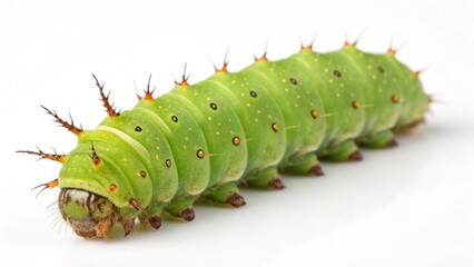Fototapeta premium Luna Moth caterpillar with bright green segmented body and small spines isolated on a clean white studio background, sharp focus, and professional studio lighting