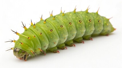 Naklejka premium Luna Moth caterpillar with bright green segmented body and small spines isolated on a clean white studio background, sharp focus, and professional studio lighting