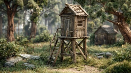 Wooden lookout tower in a sunlit forest clearing.