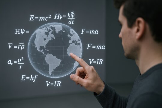 Man Interacting with Holographic Earth Projection Displaying Physics Equations, Illustrating Future Education and Technology