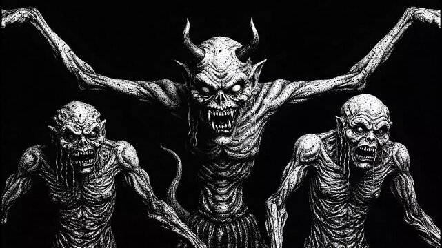 Terrifying demonic creatures lurch forward with menacing claws and sharp fangs, evoking primal fear in a dark, atmospheric scene perfect for horror projects.