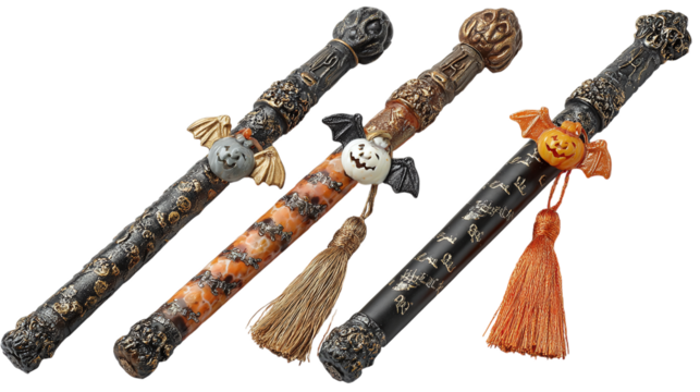 Set of 3 magic wands with Halloween decorations, isolated on transparent background 