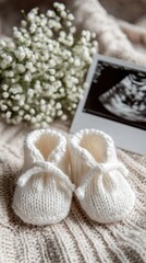 Expecting Newborn Concept with Baby Booties, Ultrasound Picture, and Flowers on Knitted Blanket
