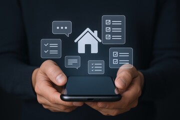 Home Management App Interface on Smartphone Held by Person for Modern Living Concept