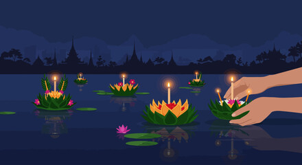 This flat design illustration captures the serene beauty of the Loi Krathong festival, showing hands gently placing traditional floral krathongs onto the water under a night sky.