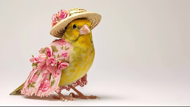 A yellow bird wearing a floral hat sits gracefully, showcasing its floral hat and delightful pink dress. The yellow bird's attire and hat create a charming appearance.