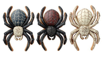 Set of 3 spider-shaped cookies, isolated on transparent background 