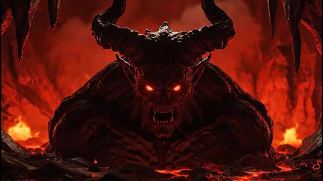 Majestic demon with massive horns emerges from fiery depths in a terrifying volcanic underworld scene
