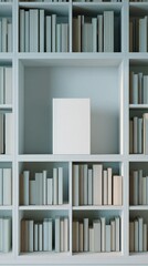Fototapeta premium Minimalist Bookshelf with Blank Book Cover: White Books and Modern Design for Mockup