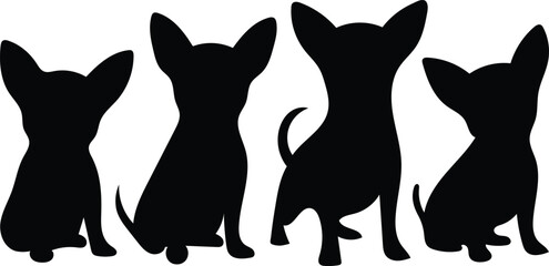 Silhouette of four charming chihuahua dogs against a clean white background