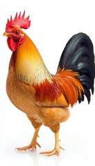 Fototapeta premium Majestic Rooster Strutting Proudly Against a Clean White Background, Symbolizing Farm Life