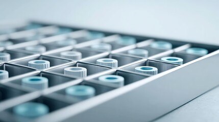 Close-up of cryogenic storage box containing neatly labeled biochemical sample vials