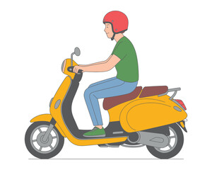 Man wearing helmet riding a yellow scooter on white background