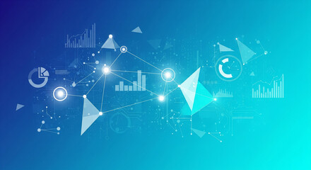Data Network: An abstract digital network of interconnected nodes and data visualizations, evoking a sense of technological complexity and seamless connectivity on a gradient blue background.