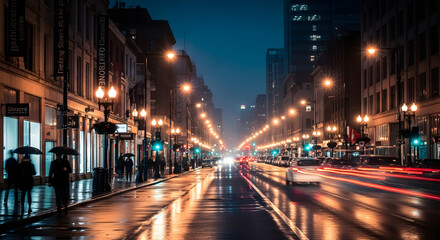 City Street at Night Illuminated by Streetlights, Reflections on Wet Pavement, and Moving Car Lights