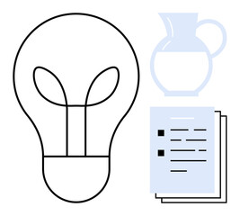 Light bulb, a glass pitcher, and stacked documents convey ideas, resources, and organization. Ideal for innovation, creativity, planning design strategy teamwork education. Simple flat metaphor