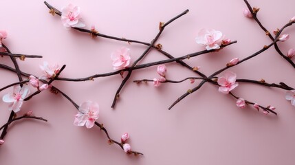Intricate overhead artistic illustration of delicate pink sakura branches with interwoven pattern and space for text on soft pastel pink background