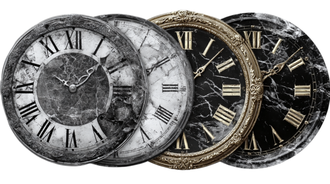 Set of 4 haunted clock faces, isolated on transparent background 