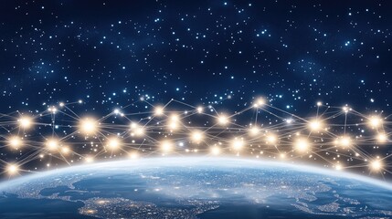 A vibrant display of interconnected lines illustrates global internet connections across the Earth's surface, glowing with blue and white lights under a night sky filled with stars