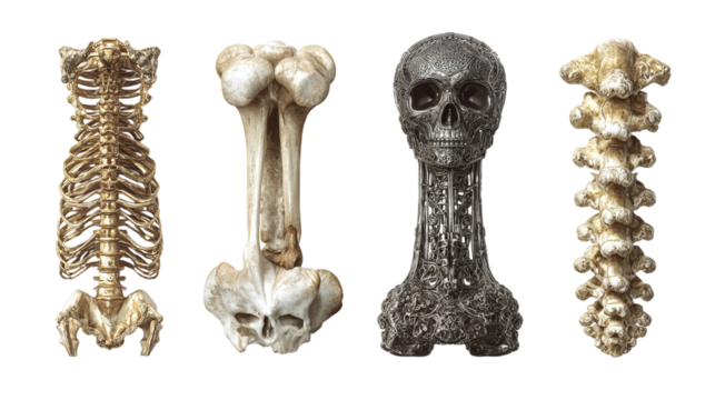 Set of 4 skeleton bone arrangements, isolated on transparent background 