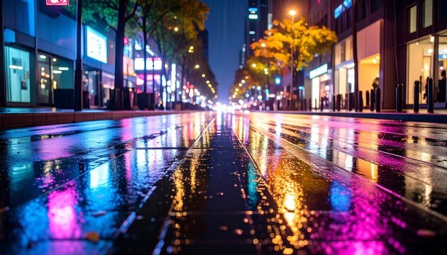 Night street scene, rain reflections
