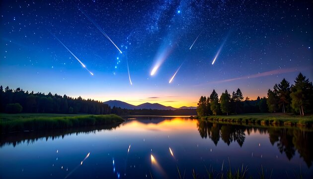 Night sky with shooting stars over a lake reflecting a sunrise