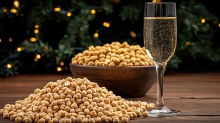 A bowl of fried peanuts sits alongside a sparkling champagne glass, creating a festive setup for a holiday celebration. Perfect for Christmas or New Year's gatherings