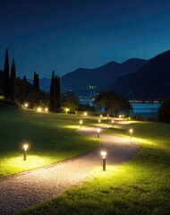 A winding path illuminated by spotlights leads through a lush garden, towards a tranquil lake at night.