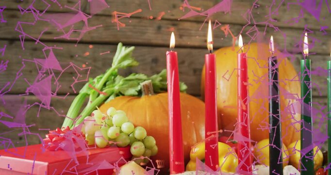 Particles drifting across harvest and tracing patterns, candles appearing and lighting final scene