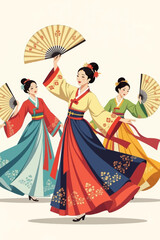 Obraz premium Graceful Korean dancers in vibrant traditional hanbok swirl fans, celebrating culture with elegant motion and artistic flair.