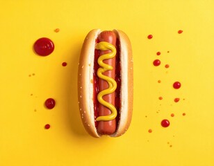 Delicious hot dog with mustard and ketchup on a vibrant yellow background.