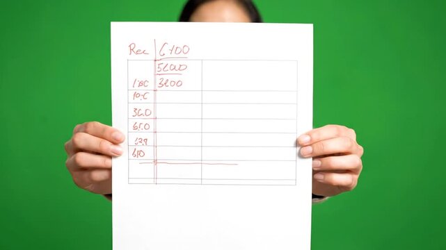 Woman Holding Paper Document Against Green Screen Background.