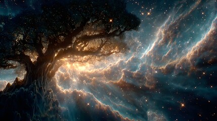 Stunning celestial tree reaching for the stars with radiant light, perfect for fantasy book covers or inspirational artwork, a world of imagination awaits