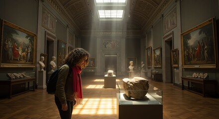 Fototapeta premium Woman with Curly Hair Wearing Red Scarf Observing Ancient Sculpture in Art Museum with Sunlight Streaming Through Skylight