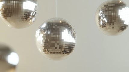 The room is alive with numerous shining disco balls reflecting sparkling lights, creating a nostalgic vibe reminiscent of lively 1970s dance parties