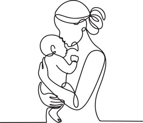 Continuous line drawing Mother cradling baby, depicting family love and emotional connection