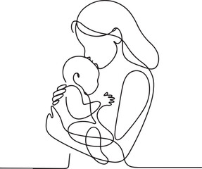 Continuous one line drawing of a mother tenderly holding her newborn baby, an abstract symbol of love and family