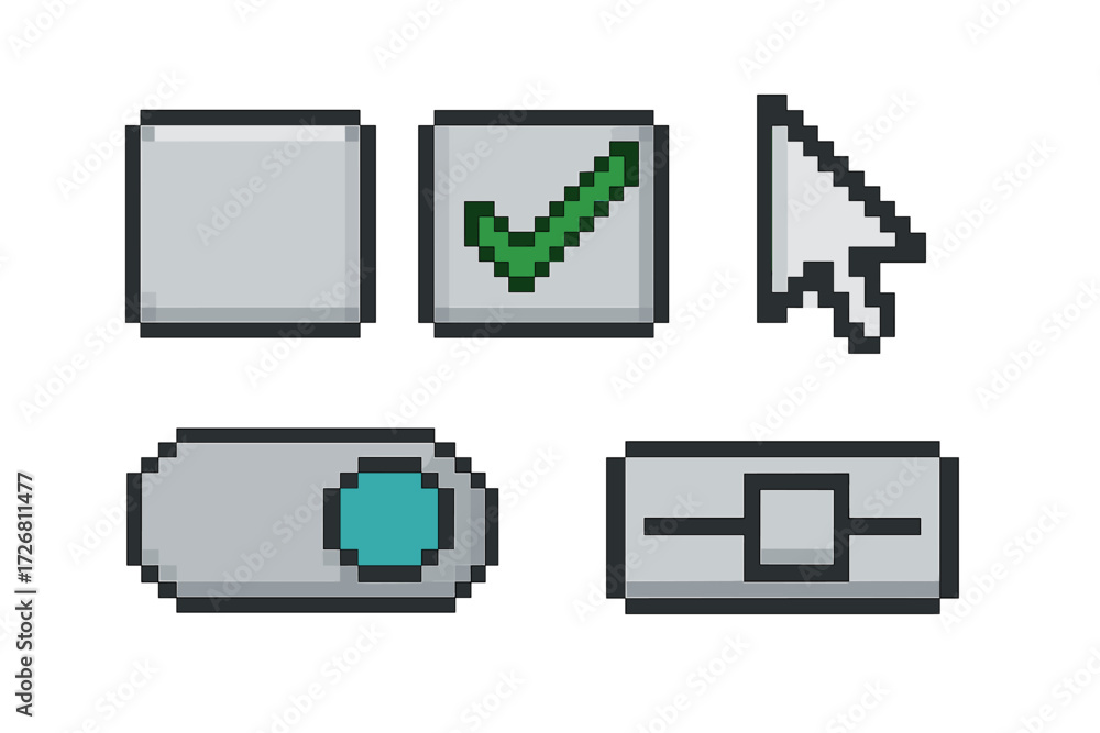 Aufkleber pixel art buttons and cursor icons for user interface design in retro style