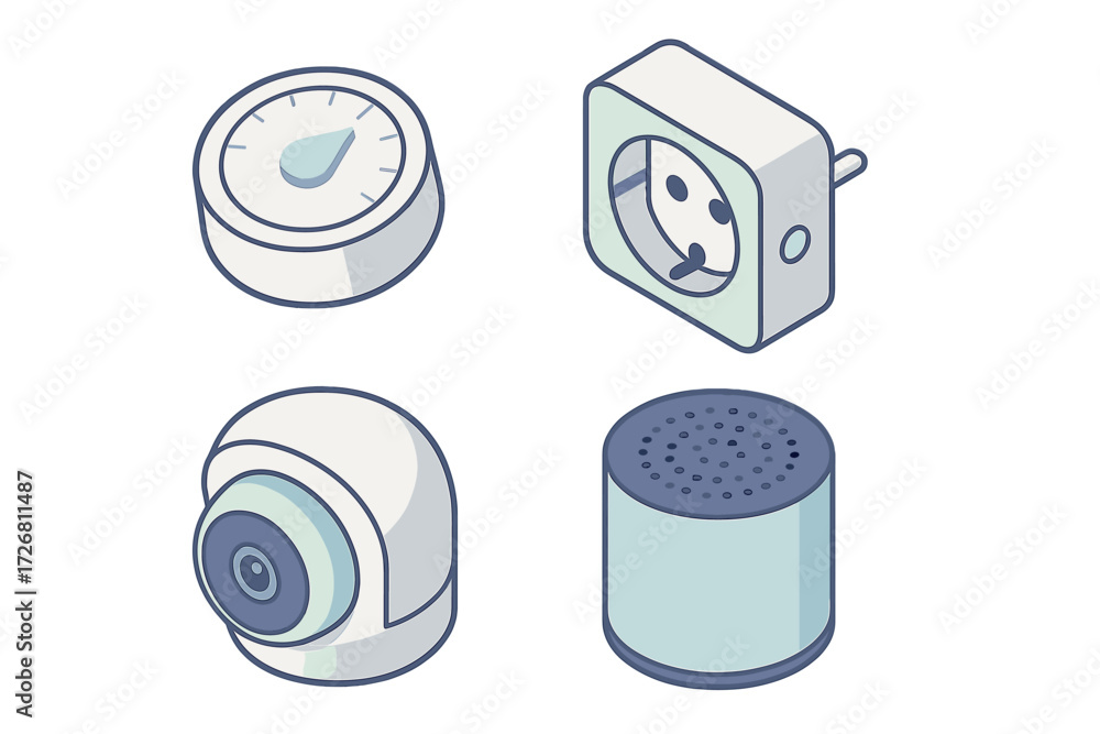 Poster collection of various electronic devices and components for smart home setup in a clean design