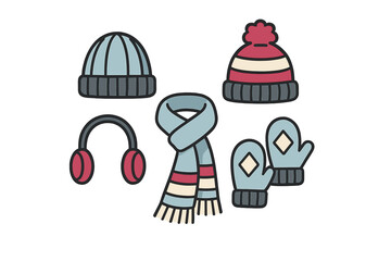 Warm winter accessories including hats, scarf, mittens, and headphones for chilly outdoor activities