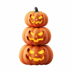 Stack of three carved Halloween pumpkins with glowing scary faces isolated on white background