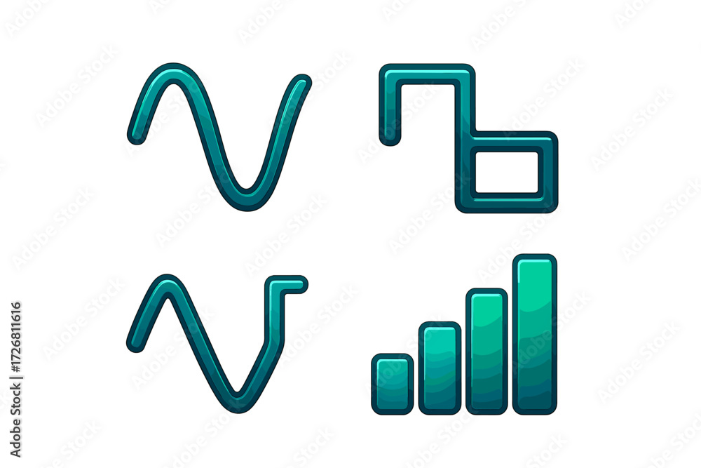 Poster colorful icons representing mathematical functions and graph trends in a modern design for education