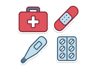 Colorful medical symbols including a first aid kit, thermometer, band-aid, and medicine pack are shown in a flat design layout