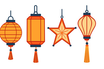 Colorful lanterns of different shapes hanging together for a festive celebration in a bright atmosphere