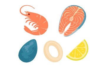 Colorful seafood illustration featuring shrimp, salmon, mussel, calamari, and lemon slice on a clean background