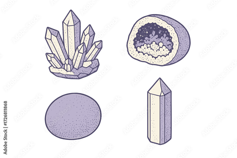Poster different types of crystals in various shapes and formations displayed on a light background